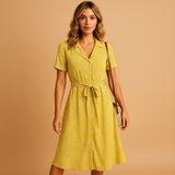 Floral midi dress for women named Lydia, with short sleeves and a flattering fit, perfect for summer parties, casual outings, and terrace days.