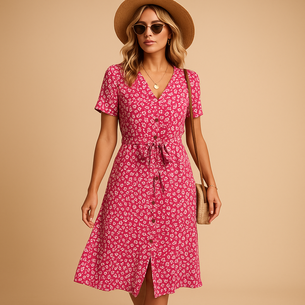 Floral midi dress for women named Lydia, with short sleeves and a flattering fit, perfect for summer parties, casual outings, and terrace days.