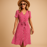 Floral midi dress for women named Lydia, with short sleeves and a flattering fit, perfect for summer parties, casual outings, and terrace days.