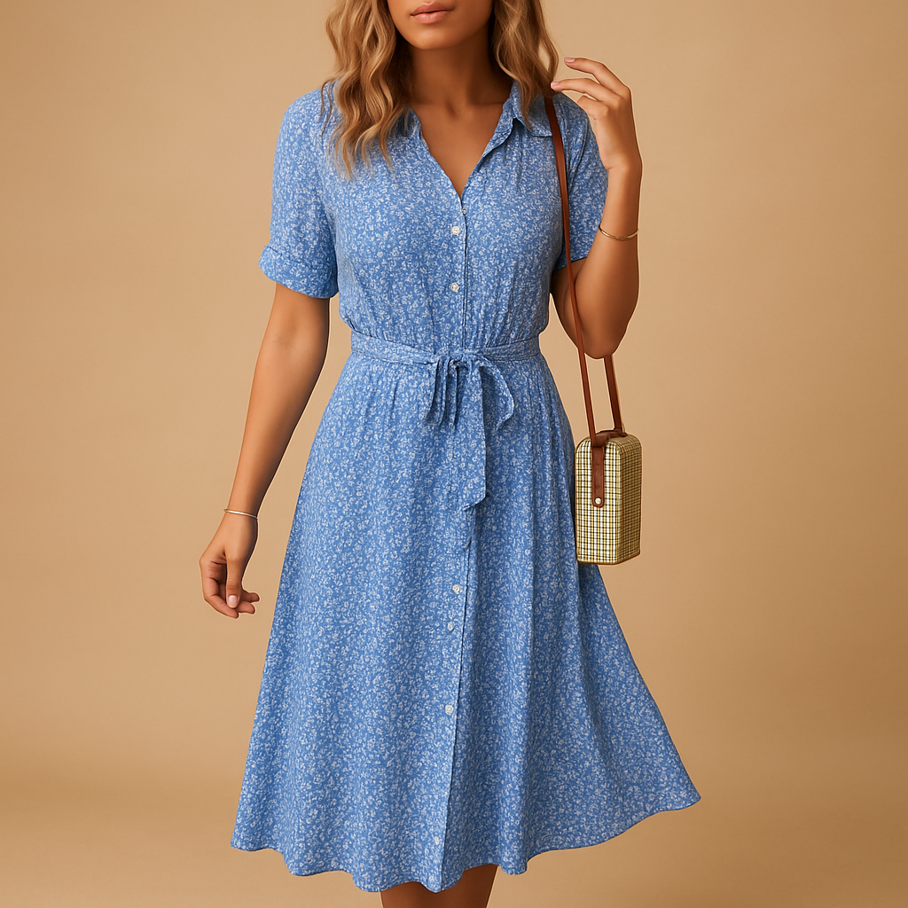 Floral midi dress for women named Lydia, with short sleeves and a flattering fit, perfect for summer parties, casual outings, and terrace days.