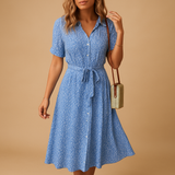 Floral midi dress for women named Lydia, with short sleeves and a flattering fit, perfect for summer parties, casual outings, and terrace days.