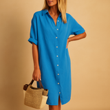 Long shirt dress for women named Natalie, with short sleeves, loose fit, and classic silhouette. Perfect for work, casual wear, or summer parties.