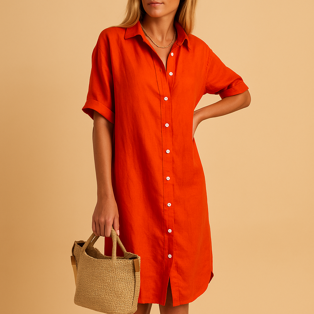 Long shirt dress for women named Natalie, with short sleeves, loose fit, and classic silhouette. Perfect for work, casual wear, or summer parties.