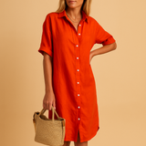 Long shirt dress for women named Natalie, with short sleeves, loose fit, and classic silhouette. Perfect for work, casual wear, or summer parties.