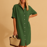 Long shirt dress for women named Natalie, with short sleeves, loose fit, and classic silhouette. Perfect for work, casual wear, or summer parties.