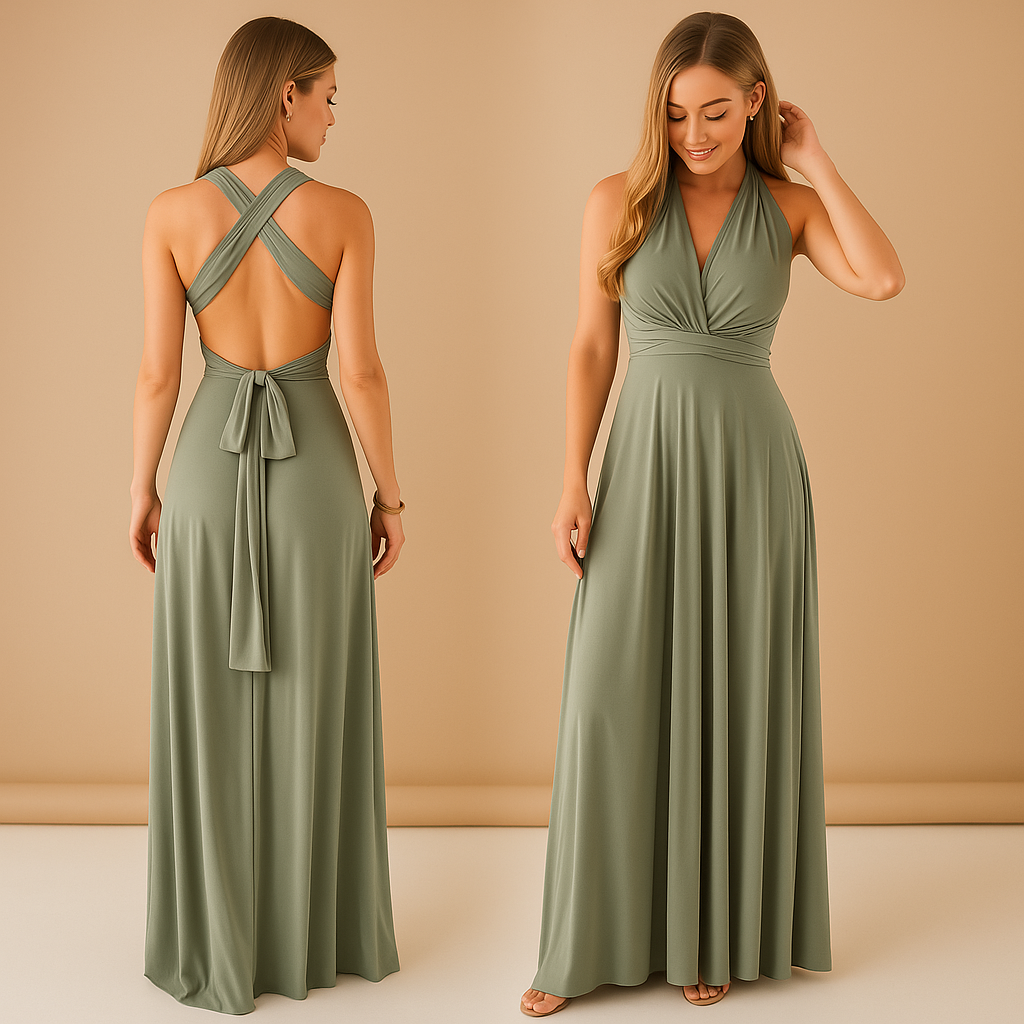 Versatile wrap dress for women named Aurora, with long straps, pleated waist, and 20+ styling options, perfect for weddings, dinners, or special occasions.