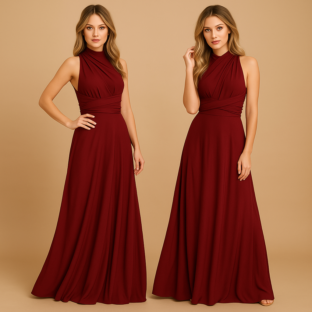 Versatile wrap dress for women named Aurora, with long straps, pleated waist, and 20+ styling options, perfect for weddings, dinners, or special occasions.