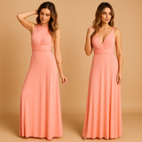 Versatile wrap dress for women named Aurora, with long straps, pleated waist, and 20+ styling options, perfect for weddings, dinners, or special occasions.
