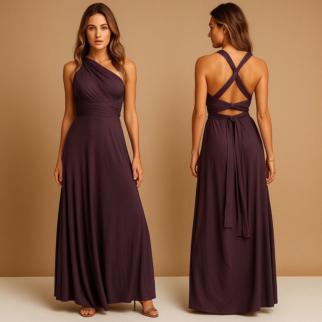 Versatile wrap dress for women named Aurora, with long straps, pleated waist, and 20+ styling options, perfect for weddings, dinners, or special occasions.