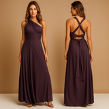 Versatile wrap dress for women named Aurora, with long straps, pleated waist, and 20+ styling options, perfect for weddings, dinners, or special occasions.