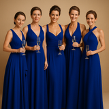Versatile wrap dress for women named Aurora, with long straps, pleated waist, and 20+ styling options, perfect for weddings, dinners, or special occasions.