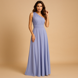 Versatile wrap dress for women named Aurora, with long straps, pleated waist, and 20+ styling options, perfect for weddings, dinners, or special occasions.