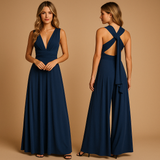Versatile wrap dress for women named Aurora, with long straps, pleated waist, and 20+ styling options, perfect for weddings, dinners, or special occasions.