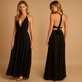 Versatile wrap dress for women named Aurora, with long straps, pleated waist, and 20+ styling options, perfect for weddings, dinners, or special occasions.