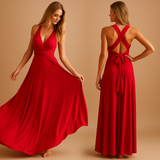 Versatile wrap dress for women named Aurora, with long straps, pleated waist, and 20+ styling options, perfect for weddings, dinners, or special occasions.
