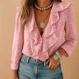 Women’s blouse with ruffles and butterfly print, long sleeves and a comfortable fit, ideal for spring to autumn wear.