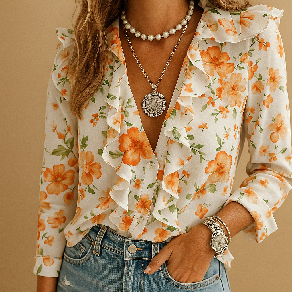 Women’s blouse with ruffles and butterfly print, long sleeves and a comfortable fit, ideal for spring to autumn wear.