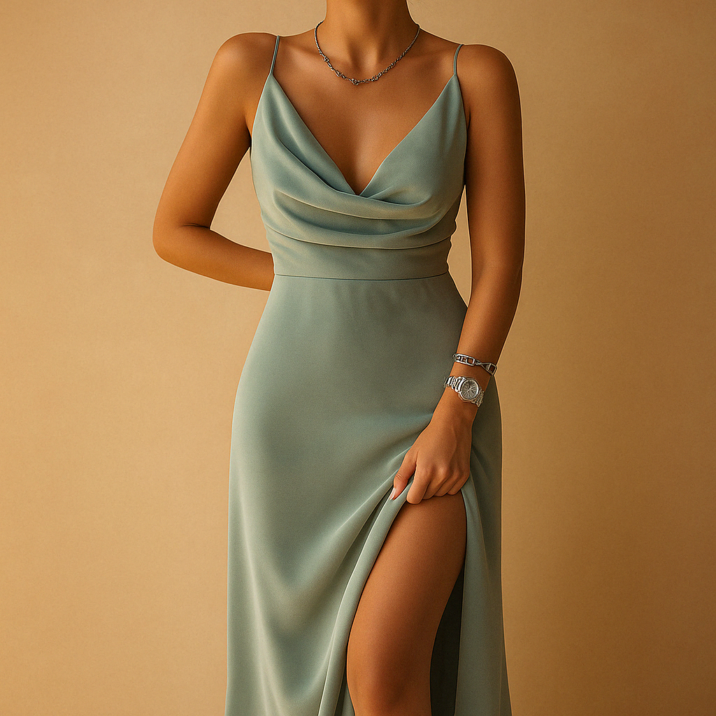 Elegant women’s maxi dress with V-neckline and flowing fit, ideal for weddings, formal events, and glamorous occasions.
