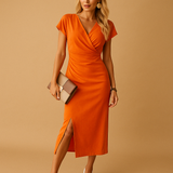 Women’s elegant midi dress with V-neck and front slit, ideal for special occasions, dinners, and stylish everyday wear.