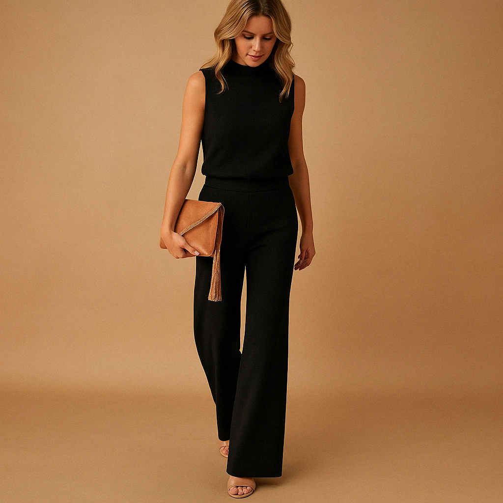Elegant women’s jumpsuit with round neckline and wide-leg silhouette, perfect for work, evenings, or special occasions.