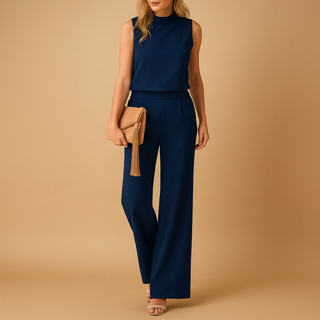 Elegant women’s jumpsuit with round neckline and wide-leg silhouette, perfect for work, evenings, or special occasions.