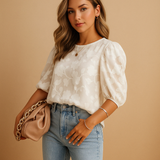 Elegant women’s floral blouse top with a flattering fit, ideal for both casual days and formal occasions in soft stylish colors.