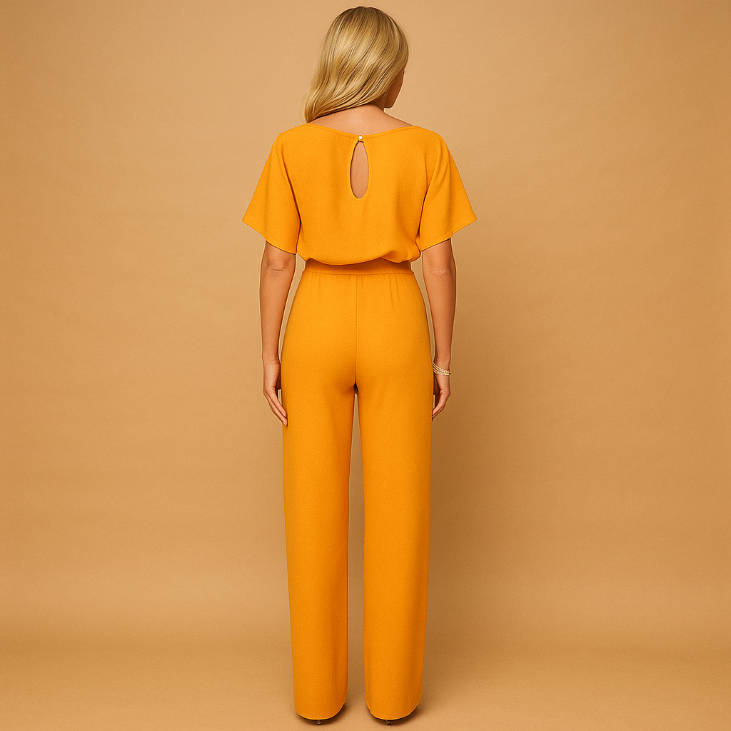 Elegant women’s jumpsuit with high waist and lace-up belt in soft draping fabric, perfect for work or casual chic occasions.