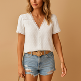 Women’s lace V-neck blouse with elegant detailing, ideal for office, evenings, or special events in multiple colors.