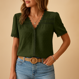 Women’s lace V-neck blouse with elegant detailing, ideal for office, evenings, or special events in multiple colors.