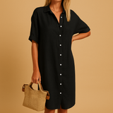 Long shirt dress for women named Natalie, with short sleeves, loose fit, and classic silhouette. Perfect for work, casual wear, or summer parties.