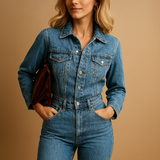 Women’s denim jumpsuit with long sleeves and straight-leg fit in classic blue, ideal for everyday wear in every season.