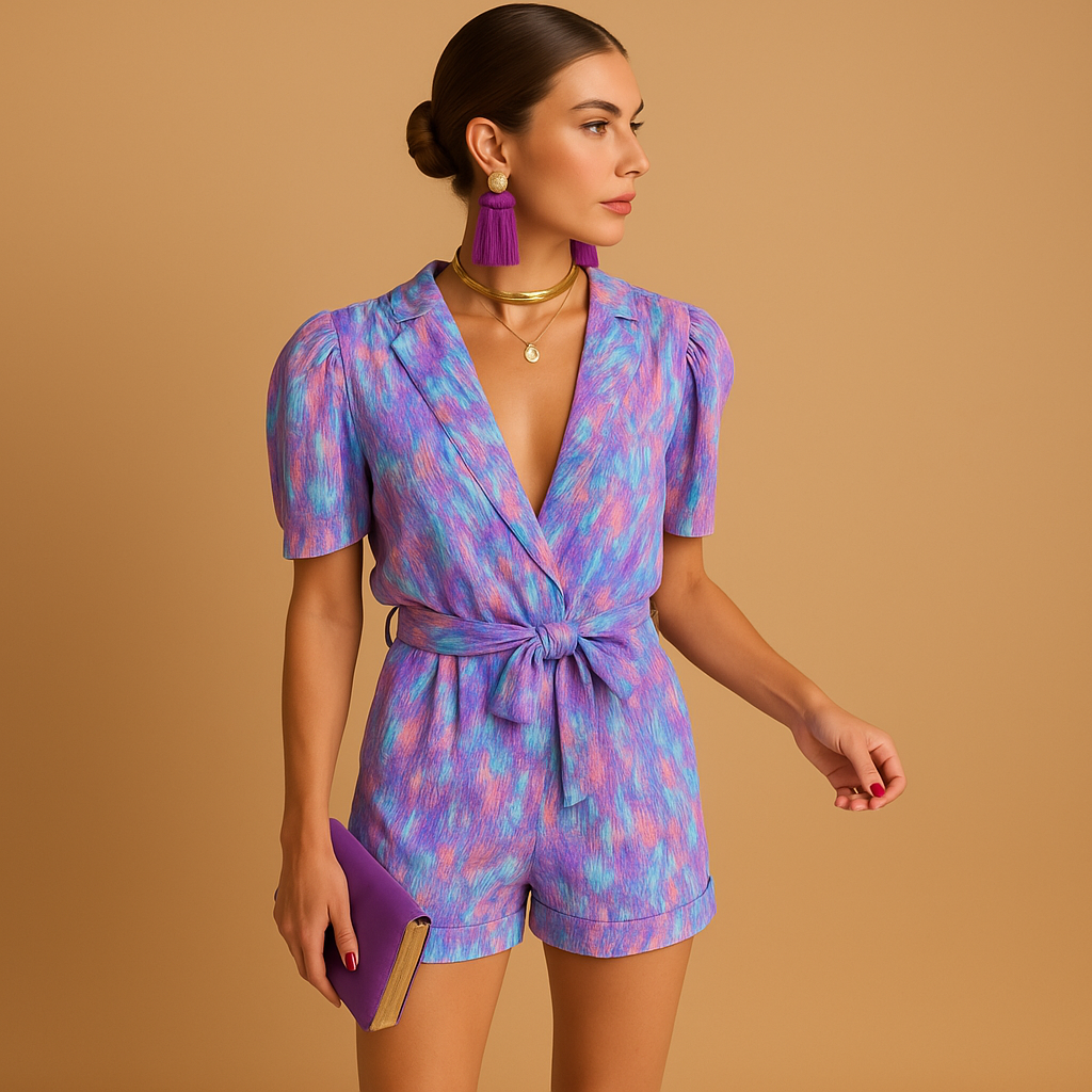 Short jumpsuit for women with vibrant print and waist-accentuating belt, perfect for summer days or casual evening looks.