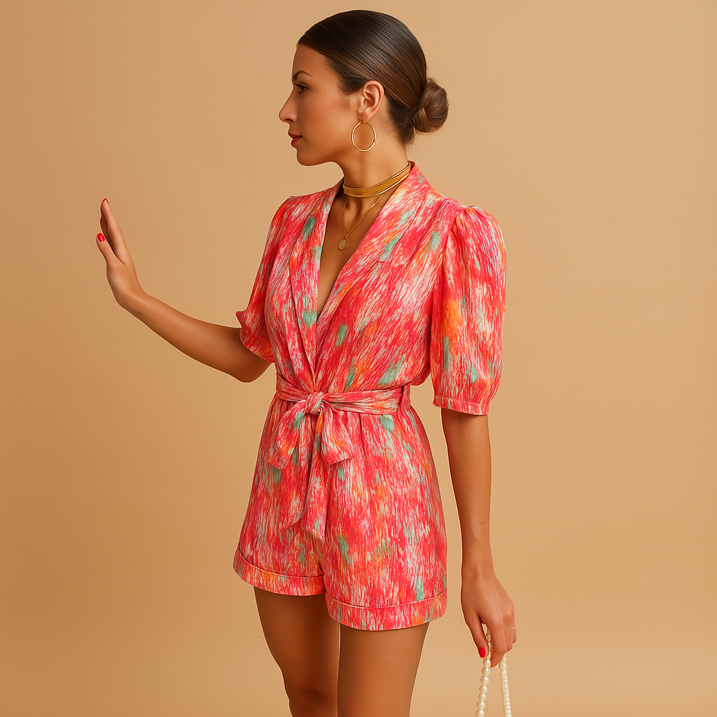 Short jumpsuit for women with vibrant print and waist-accentuating belt, perfect for summer days or casual evening looks.