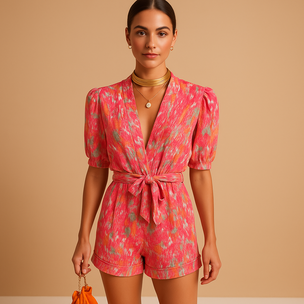 Short jumpsuit for women with vibrant print and waist-accentuating belt, perfect for summer days or casual evening looks.