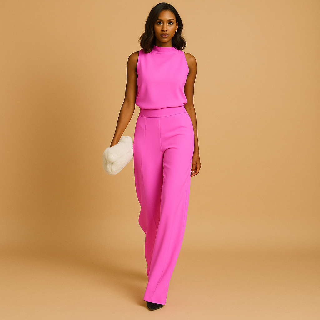 Elegant women’s halter jumpsuit with wide legs, decorative bow, and pockets, ideal for parties, dinners, and warm-weather occasions.
