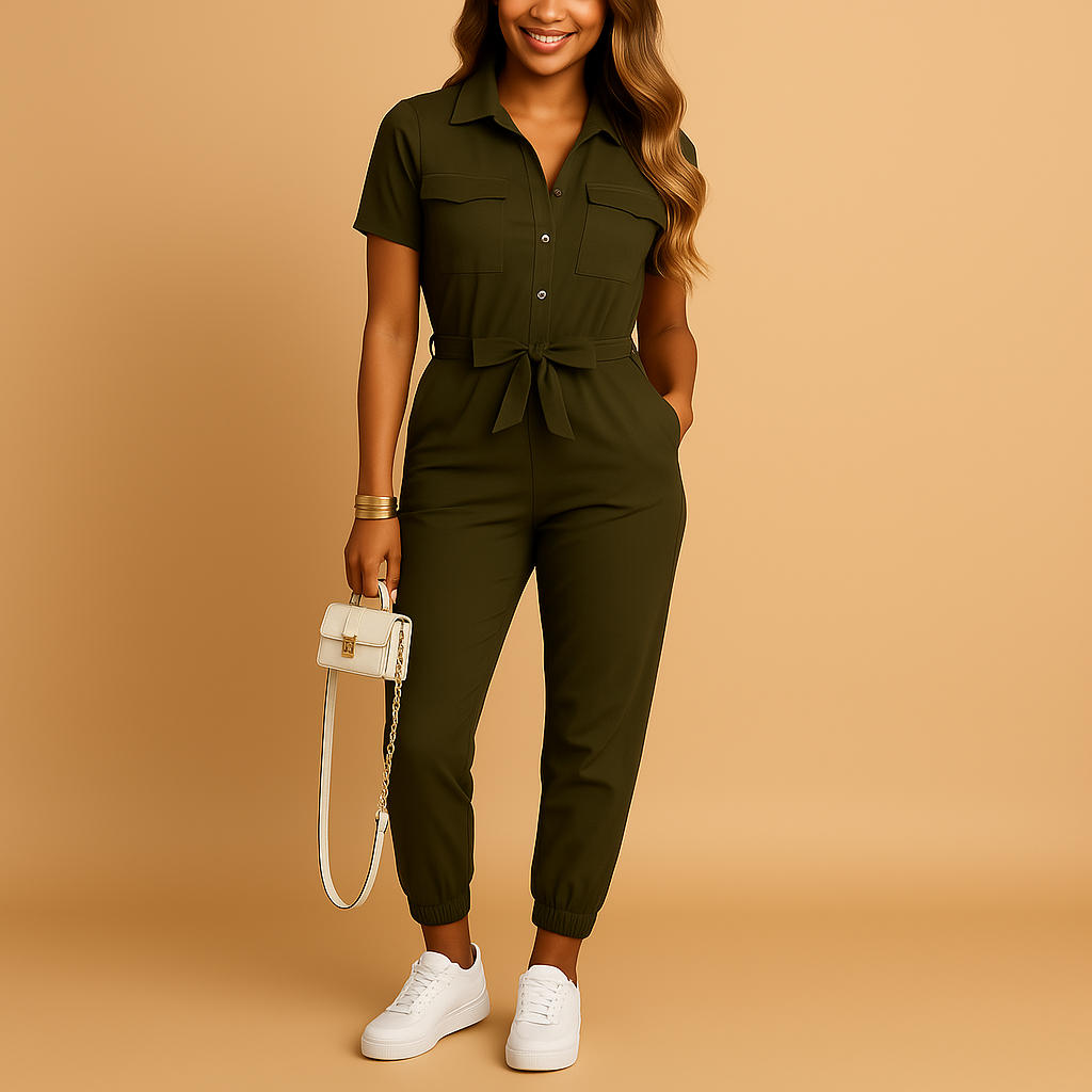 Stylish tailored jumpsuit for women with flattering silhouette and button closure, ideal for work, brunch, or evening occasions.
