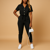 Stylish tailored jumpsuit for women with flattering silhouette and button closure, ideal for work, brunch, or evening occasions.