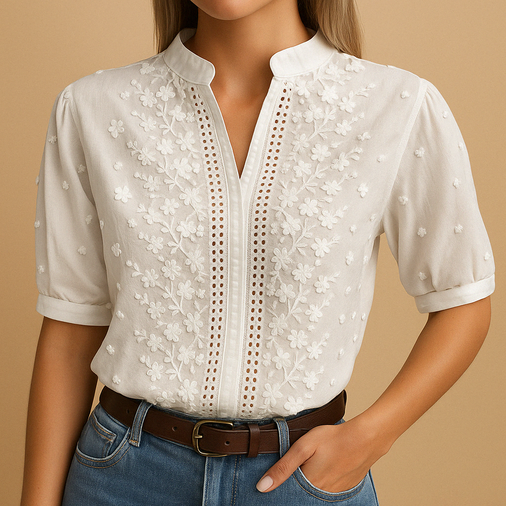 White button blouse for women with a classic collar, lightly tailored fit, and breathable fabric for both work and casual wear.
