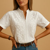 White button blouse for women with a classic collar, lightly tailored fit, and breathable fabric for both work and casual wear.