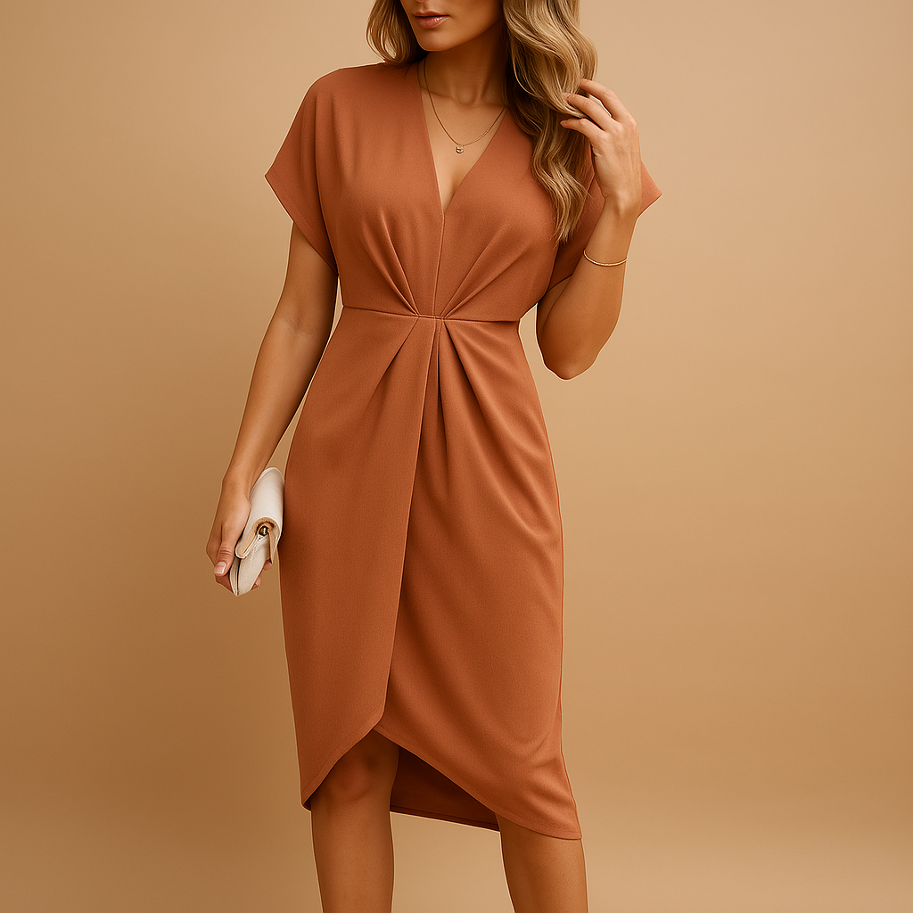 Elegant wrap midi dress for women with a timeless design, perfect for formal events, social gatherings, or stylish everyday wear.